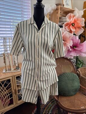 Men’s Zara Cream & Green Havana Striped Button Up Shirt & Shorts Summer Pool Set